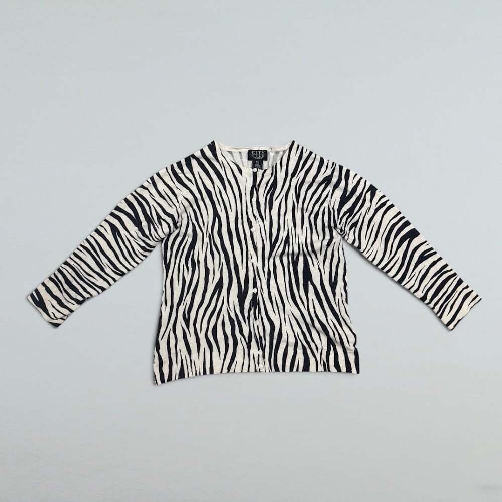 Zebra Print Button Front Cardigan Sweater Black Cream Petite Small